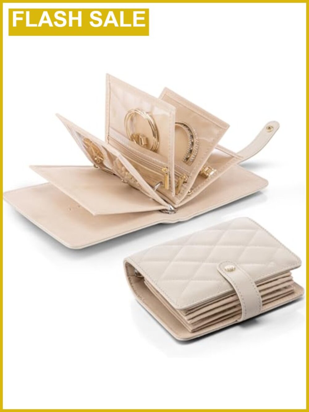 VLANDO Small Travel Jewelry Case with Velvet Clear Pouches, Cream White